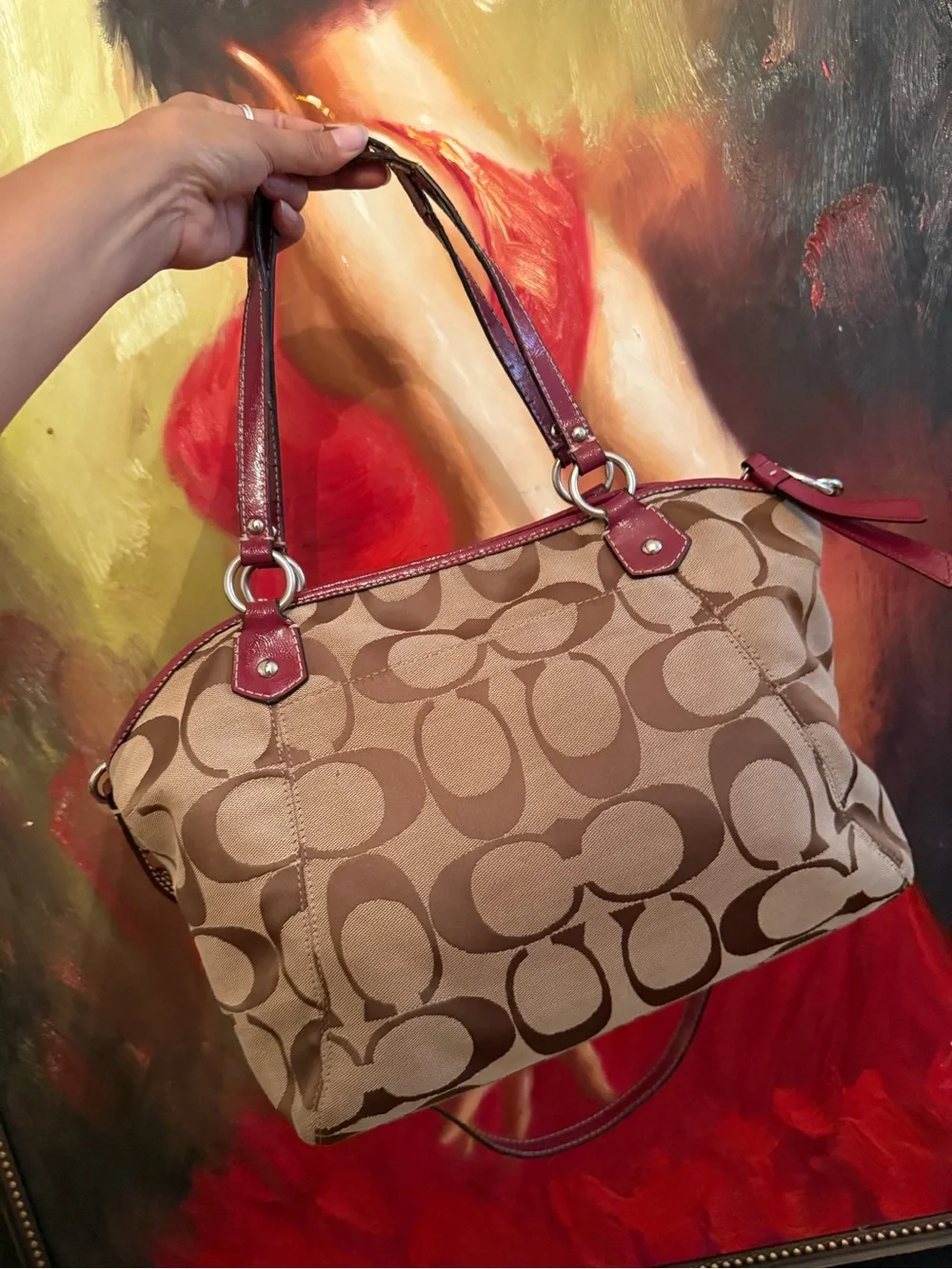 Coach Beige Signature Canvas Shoulder Bag with Red Trim